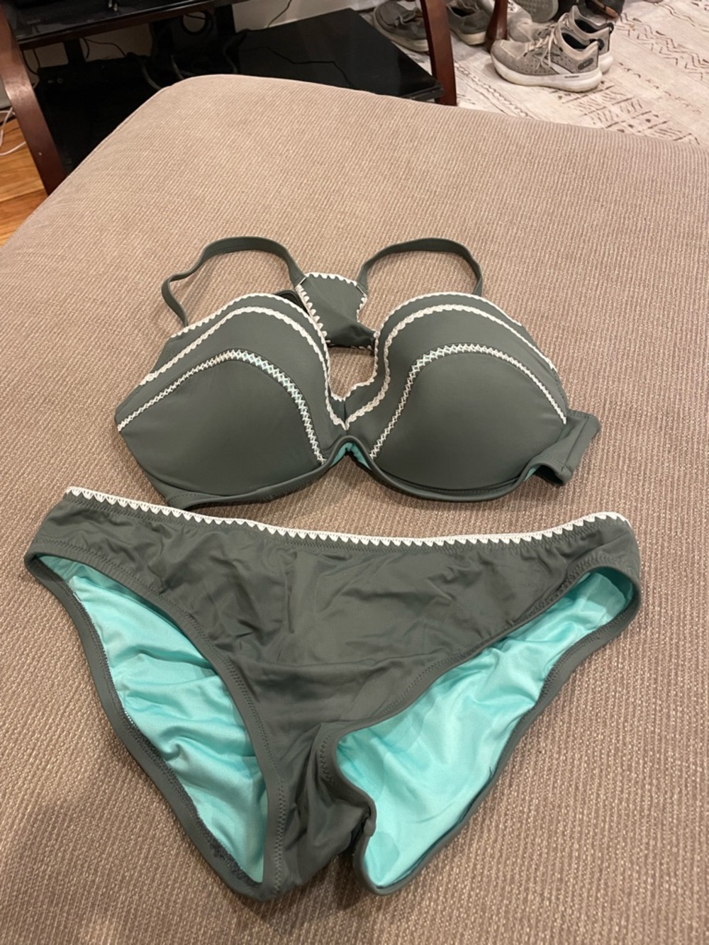Shade & Shore Olive Green Bikini Set with White Trim